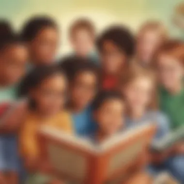 Illustration of a diverse group of elementary school children reading together