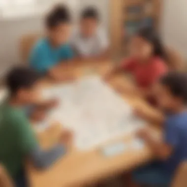 Illustration of a group of diverse 4th graders playing a math game