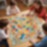 A group of children playing a board game that involves math challenges.