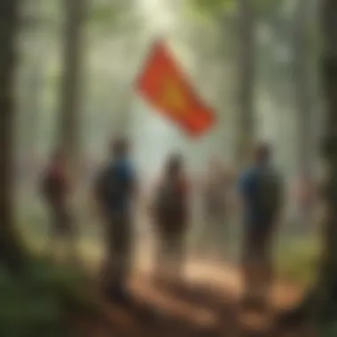 Group of friends enjoying a game of capture the flag in a forest setting