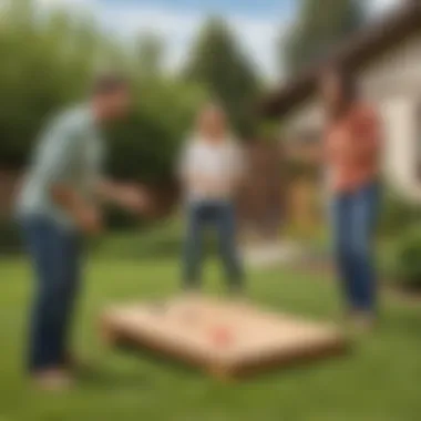 Outdoor game of cornhole in a backyard setting with friends laughing and having fun