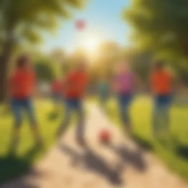 Kickball Excitement Under the Sun Laughing friends playing an intense game of kickball in a sunny park