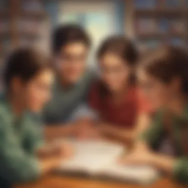 Group of students discussing a book together