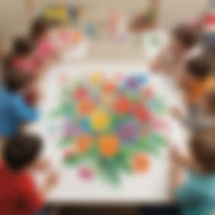 Kindergarten students creating colorful flower art