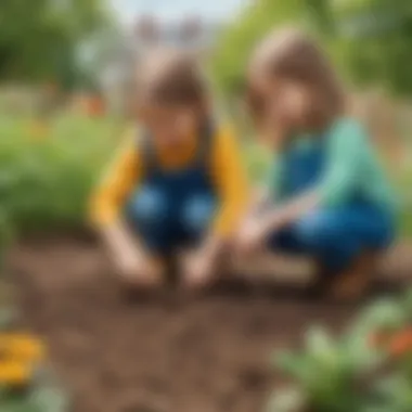 Kindergarten students planting seeds in a garden