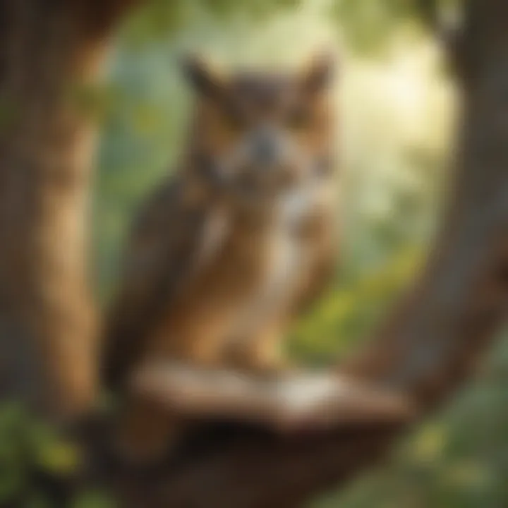 Illustration of a curious owl reading a book in a tree