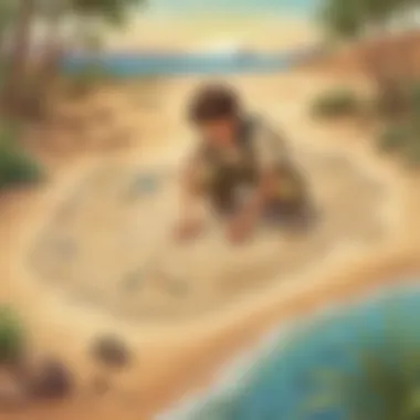 Illustration of a young explorer uncovering a treasure map on a desert island