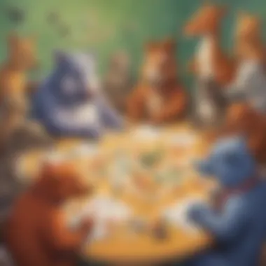 Collaborative Animal Mathematics Illustration of a group of animal characters solving a math puzzle together