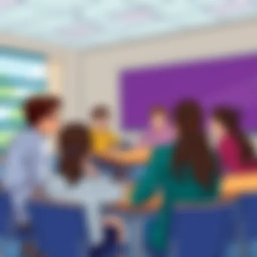 A vibrant classroom scene where students are engaged in a lively debate.