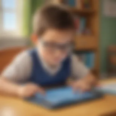 Illustration of a child solving addition problems on a tablet