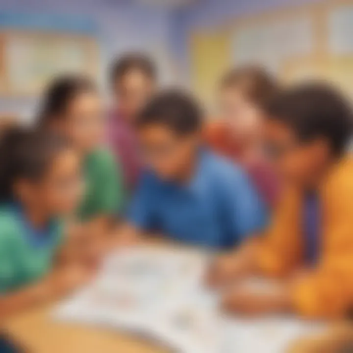 Illustration of diverse group of elementary school children collaborating on a math project