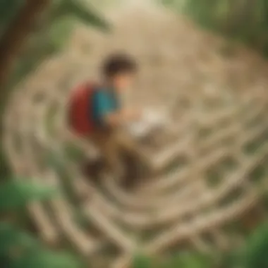 Illustration of a young explorer navigating through a maze of words