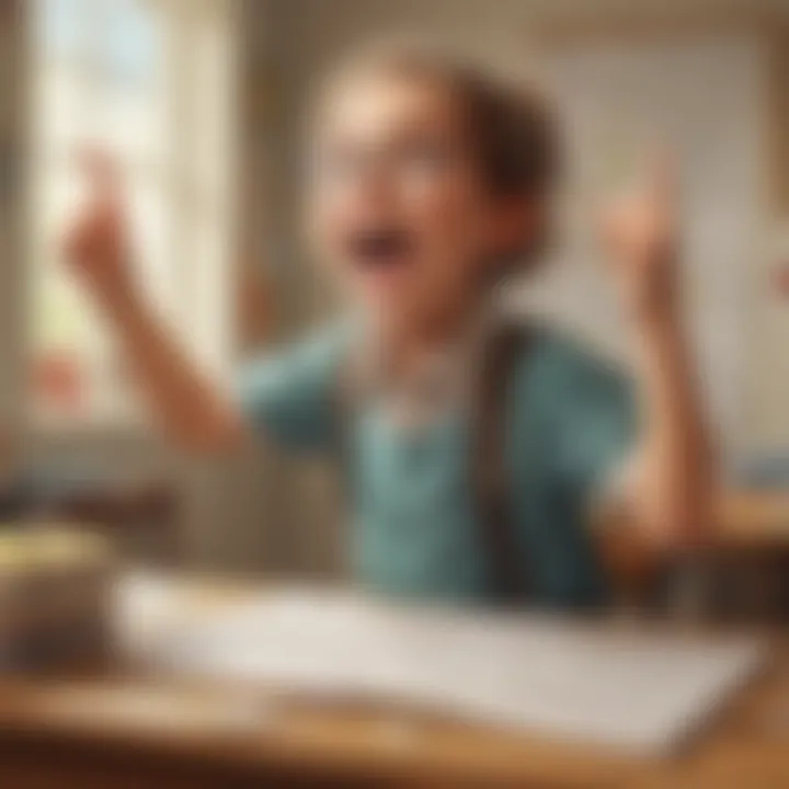 Illustration showing a young student celebrating successfully solving a complex math word problem