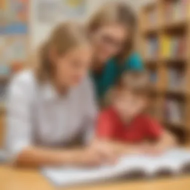Teacher guiding kindergarten student in reading activity