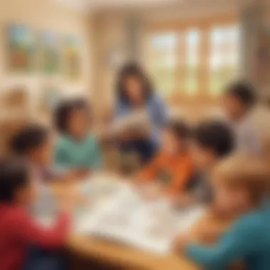 Illustration of a diverse group of kindergarten students engaged in a storytelling session