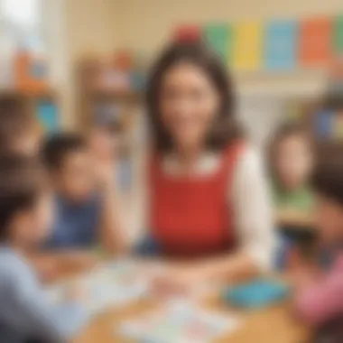 Illustration of a teacher using colorful flashcards to teach kindergarten students phonics