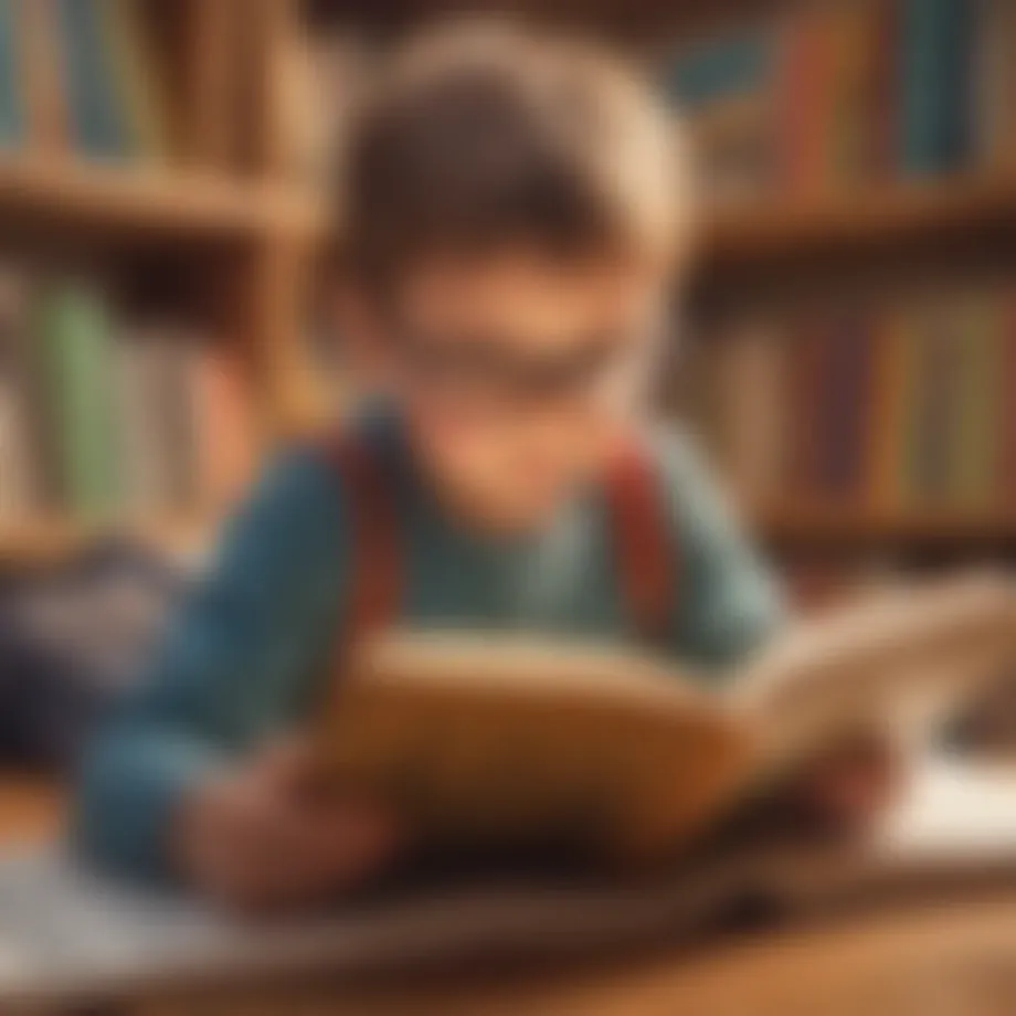 Illustration of a young child engrossed in reading a book