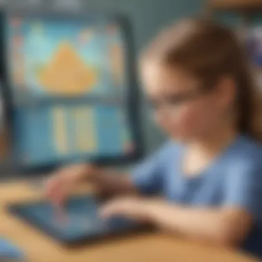 Interactive Digital Learning Illustration of a child engaged in a math game on a digital tablet