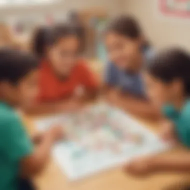 Collaborative Math Game Session Illustration of diverse elementary school children playing a math game together