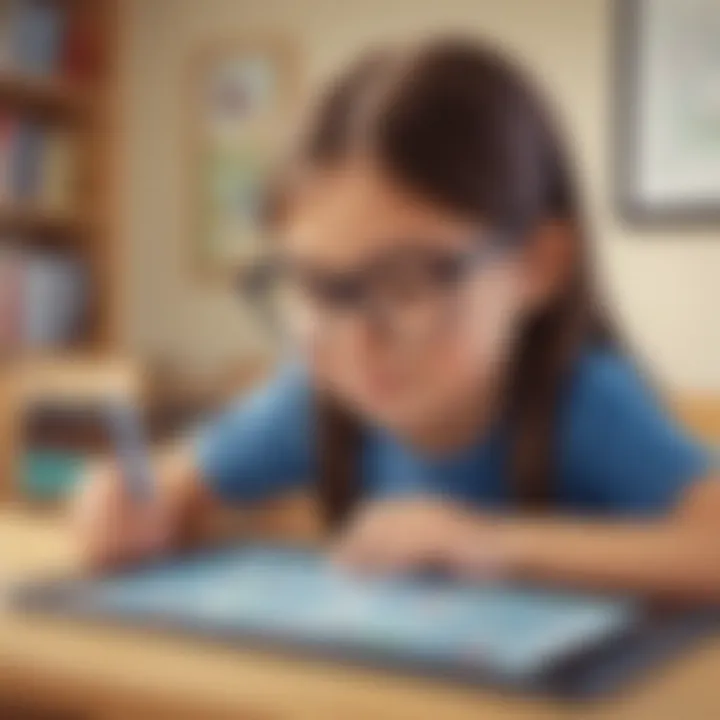 Illustration showcasing an elementary school child enjoying a math app on a tablet