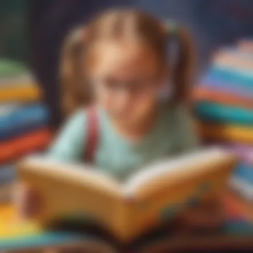 Illustration depicting a child engrossed in reading a colorful book