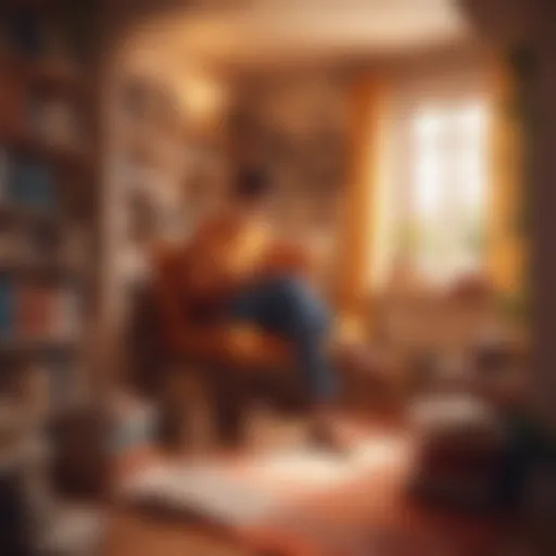 A person immersed in a book, surrounded by a cozy reading nook.
