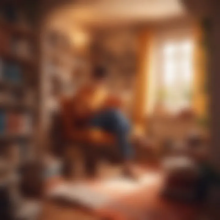 A person immersed in a book, surrounded by a cozy reading nook.