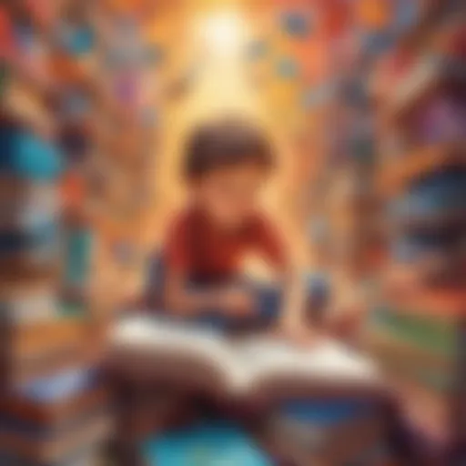 Illustration depicting a child immersed in a book surrounded by vibrant colors