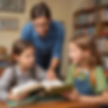 Illustration featuring a teacher and student engaged in a lively discussion about a book