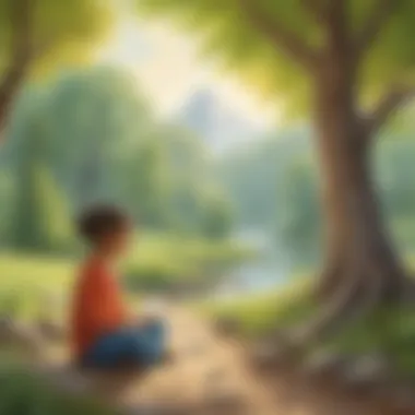 Elementary school child practicing mindfulness in a serene outdoor setting