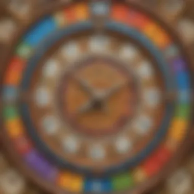 Illustration of a colorful clock showing different times