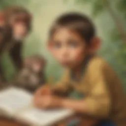 Illustration of a curious child engrossed in a Monkey Pen book