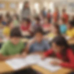 Illustration showing a diverse group of elementary students engaged in a lesson with downloadable resources