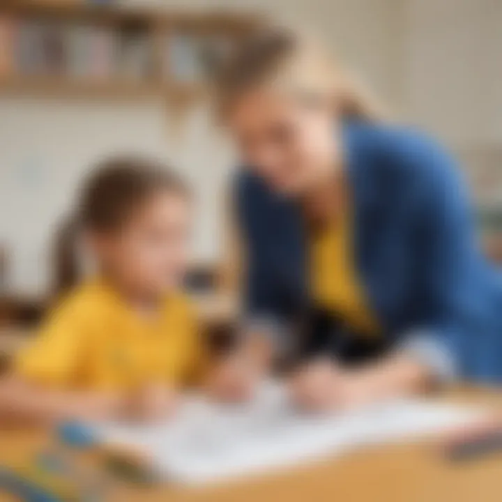 Educator guiding elementary school student in drawing class