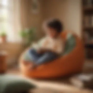 A young child joyfully reading a book on a cozy bean bag