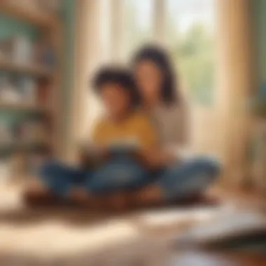 A parent and child exploring a book together in a bright room