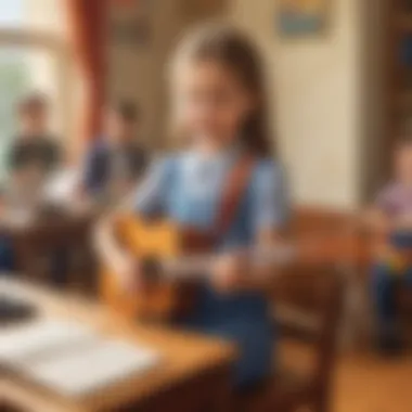 Illustration of a first grader participating in a music class, playing a musical instrument