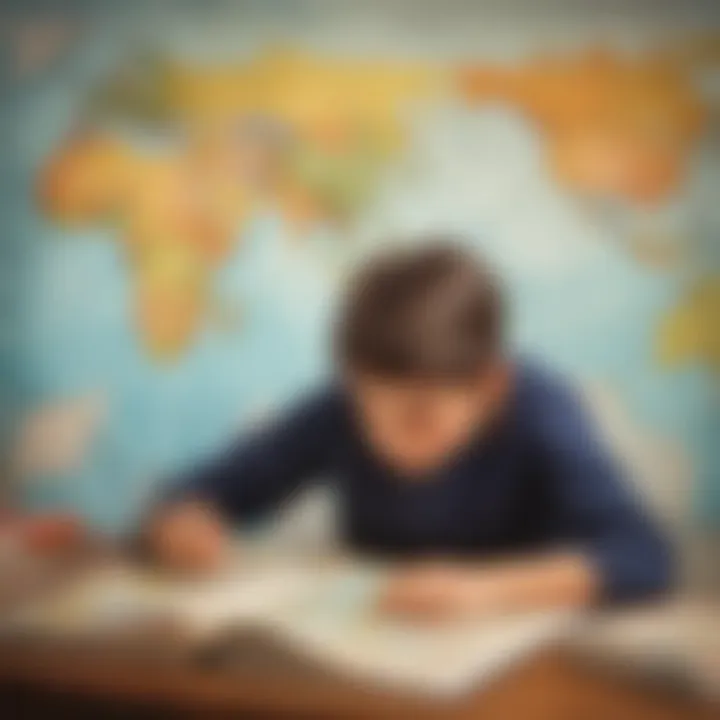 Illustration of a 4th grader studying a world map