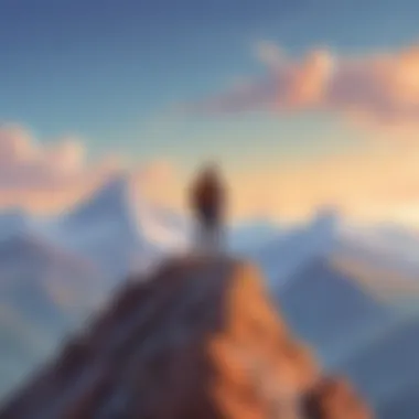 Illustration of a lone figure standing confidently on a mountain peak