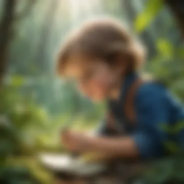 Child exploring nature through a magnifying glass