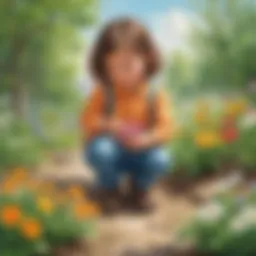 Child exploring a blooming flower in spring