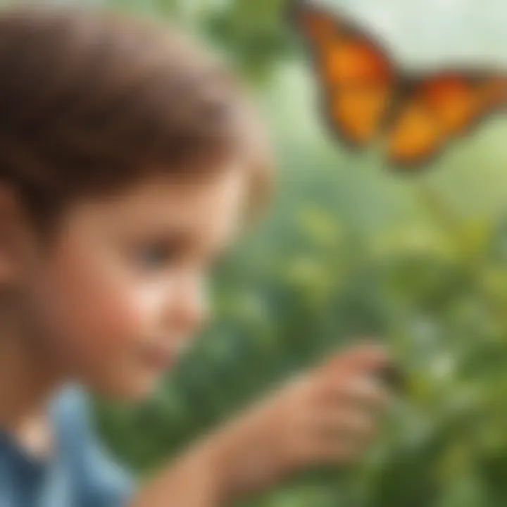 Young student observing a caterpillar transforming into a butterfly