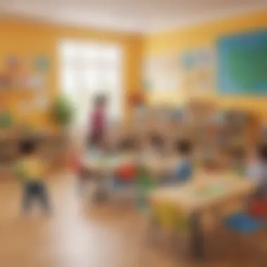 Illustration of a kindergarten classroom with diverse children learning ABC on ElemFun