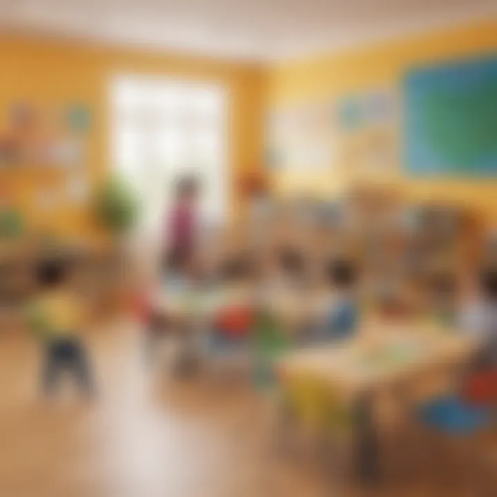 Illustration of a kindergarten classroom with diverse children learning ABC on ElemFun