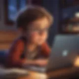 Illustration of a young child watching an animated movie on a laptop