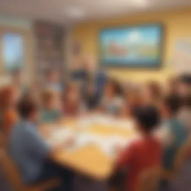 Interactive Sharing Sessions Illustration of a group of elementary school children discussing their favorite animated movies