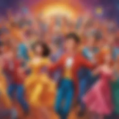 Illustration of colorful animated characters from various movies dancing together