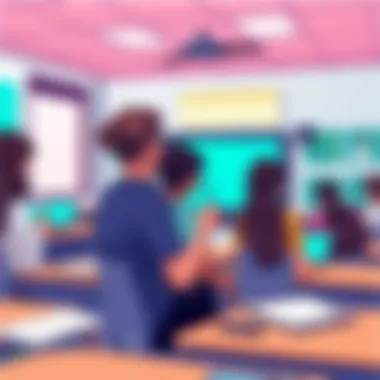 A classroom setting where technology is used for language instruction