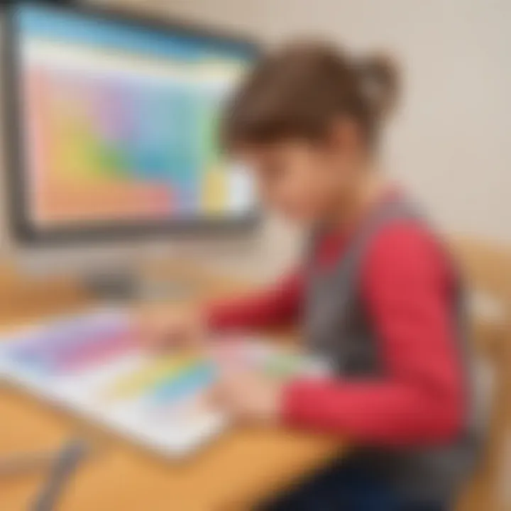 Illustration of a child engaging with a colorful online multiplication table tool