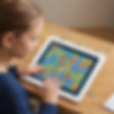 Interactive Games for Multiplication Table Practice on Digital Tablet Illustration of a child using a digital tablet to practice multiplication tables with interactive games